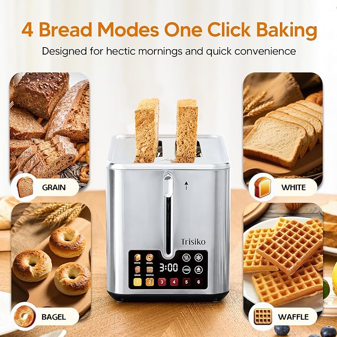 Trisiko® Touch Screen Toaster 2 Slice, Stainless Steel Smart Toaster with Digital Timer, 1.38" Extra-Wide Slots for Bread& Bagel,with Reheat, Defrost, Cancel, +15s Boost, Great for Home, Office, Dorm