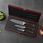 Wakoli EDIB Chef Knife Set 3-Piece – Japanese Style Damascus Kitchen Knives | Genuine Damascus Steel Blades with VG10 Core | Ergonomic Pakkawood Handles | Professional Knife Set in Wooden Gift Box