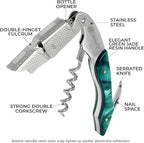 WineOp Professional Wine Opener - Luxury Double Hinged Waiter's Corkscrew Wine Bottle Key - Cork screwer for Servers, Bartenders, Sommelier and Home Use | All-In-One Stainless Steel - Green Resin