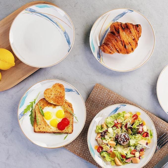 Ceramic Dessert Plates Set of 8, 8 inch, Appetizer Plates, Salad Plates, Small Plates, Microwave & Dishwasher Safe, Fantasy Series, Gold Rim