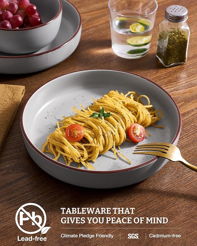 famiware Mercury Pasta Bowls Set of 8, 33 oz Large Salad Bowls, Ceramic Pasta Plates Bowls, Serving Bowls for Kitchen, Microwave & Dishwasher Safe, Light Gray