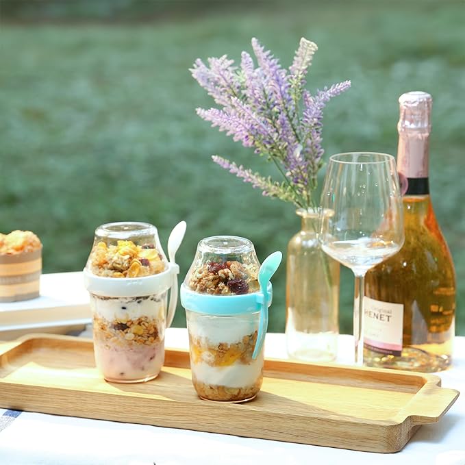 Felli On the Go Yogurt Parfait Snack Cup 12 oz Reusable Leak Proof + Travel Spoon, Topping Holder for Fruit Cereal Milk, To Go Lunch Healthy Portion Control Overnight Oats Container Clear (2, Blue)