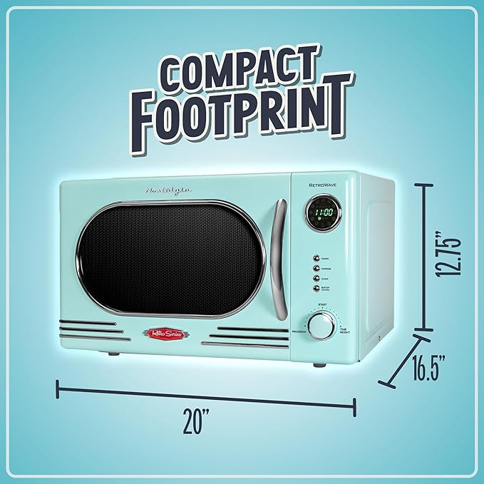 Nostalgia NRMO11AQ6A 1000 Watt Power Retro Countertop Microwave Oven Easy to Clean with Removable Glass Turntable-Child Safety Lock-12 Programs-Digital Clock, 1.1 Cu. Ft, Aqua