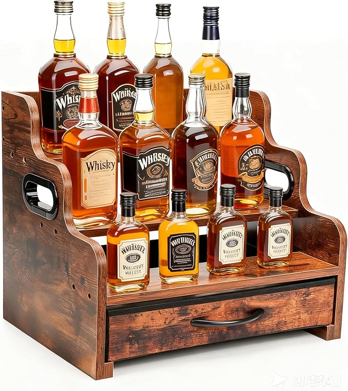 3-Tier Liquor Bottle Display Shelf with Drawers- Holds 12 Bottles & 36 K-Cups, Tabletop Wine Rack, Coffee Syrup Rack, for Mini Bar, Whiskey, Spice Storage, Kitchen Organizers