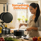 KICHLY 8 Pieces Pots and Pans Set, Non Stick Kitchen Cookware Set, Induction Frying Pans 20cm, 28cm, Saucepan with Lids 20cm, 18cm, Non Induction Saucepan 16cm, Pots and Pans Set Nonstick, Black