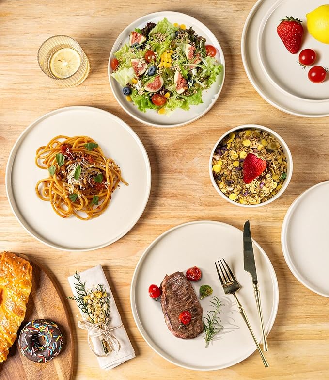 TheTerra Ceramic Dinnerware Sets for 4, 12 Pieces Handmade Reactive Glaze Plates and Bowls Set, Scratch Resistant Dish Set, Oven & Microwave & Dishwasher Safe, Matte White