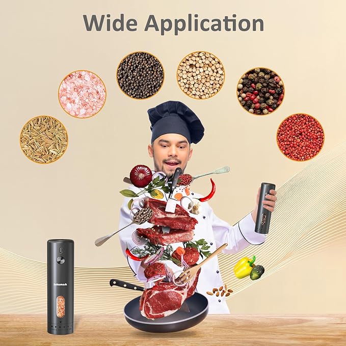 Electric Black Pepper Grinder Set Rechargeable, Larger Capacity Top-Refill Automatic Salt Grinder and Pepper Mill with 6 Adjustable Coarseness, LED Light, One-Handed Operation for Home (2 Pack)