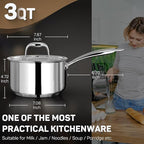 3 Qt Saucepan with Lid - Upgraded Package - 3 Quart 18/10 Stainless Steel Sauce Pan with Mirror Polishing and 2 Sacles, Induction Cookware, Small Pot for Cooking, Dishwasher Safe Oven Safe