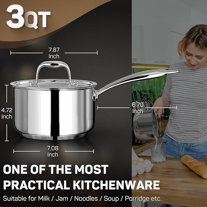 3 Qt Saucepan with Lid - Upgraded Package - 3 Quart 18/10 Stainless Steel Sauce Pan with Mirror Polishing and 2 Sacles, Induction Cookware, Small Pot for Cooking, Dishwasher Safe Oven Safe