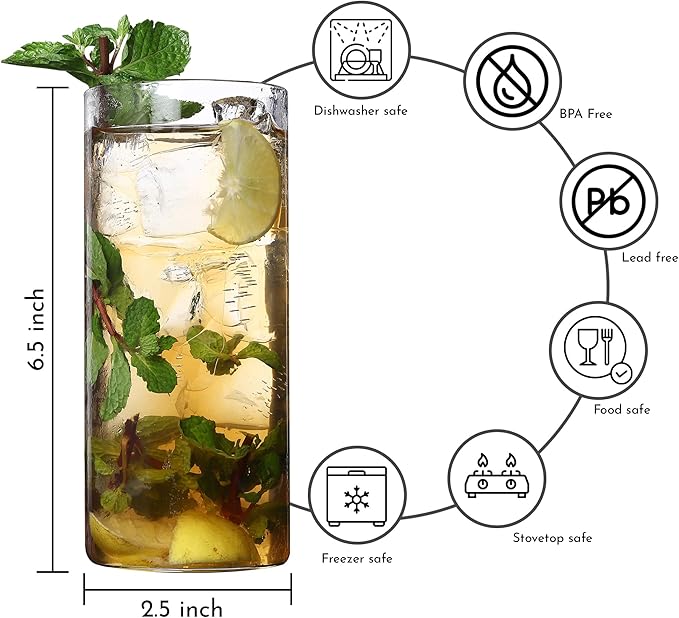 Highball Drinking Glasses Set of 8 | 15 oz Capacity | Thin And Light Borosilicate Tumblers Can Be used For Drinking Beer, Cocktail, Water,Whiskey,Milk