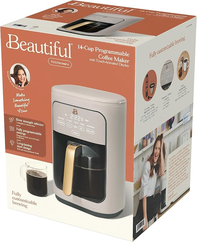 Beautiful by Drew Barrymore 14-Cup Programmable Drip Coffee Maker, Touch-Activated Display, Fast 14-Min Brew, Bold Strength, Keep Warm 4 H, Gold Filter (Porcini Taupe)