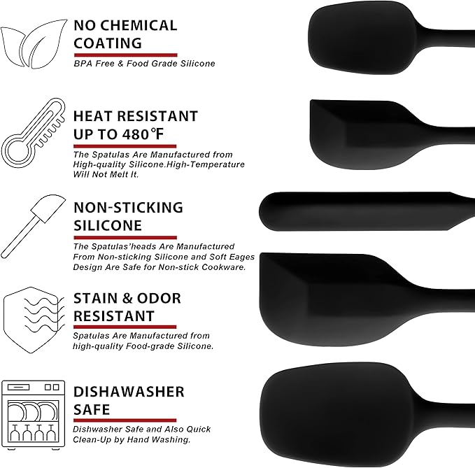 Anaeat Silicone Spatula Set of 5 - Seamless One-Pieces Design, Non-Stick Rubber Spatulas Kitchen Scraper Flexible for Easy Baking, Cooking, Scraping & Mixing, Heat Resistant & Dishwasher Safe