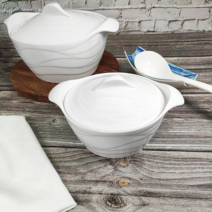 Casserole Dish 31.8 ounce French White Ceramic Bakeware Set with Lids, Chip and Crack Resistant Stoneware Baking Dish, Microwave, Dishwasher, Oven, Freezer and Fridge Safe (8.7 Inch)