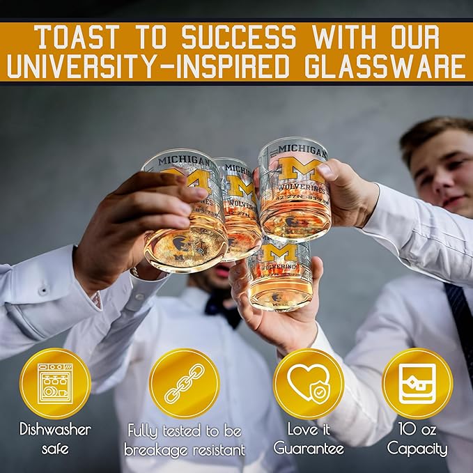 Greenline Goods – University of Michigan Wolverines College Whiskey Glasses (Set of 2), 10 oz – Full‑Color Logo + Campus Map