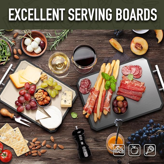 SNOWCLAD Stainless Steel Cutting Board,Double Sided Steel Cutting Board Set for kitchen,Stainless Steel/Wheat straw pp Large for meat,Dishwasher Safe [16 * 11+12 * 8.3 Inch]