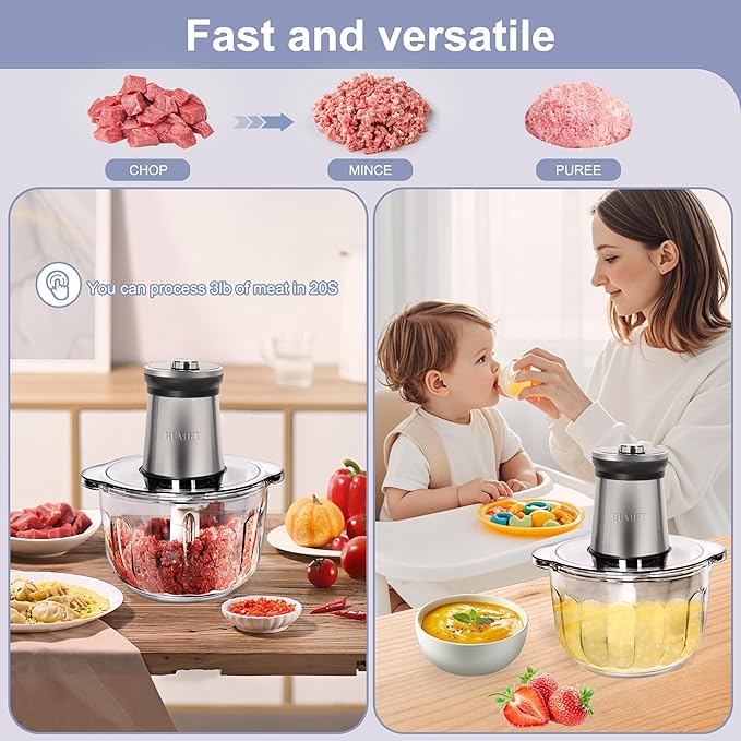 Electric Meat Grinder 850W Food Chopper Food processor with LED timer one 16cup thick glass bowl, 2 sets three-layers 6 blades cutter