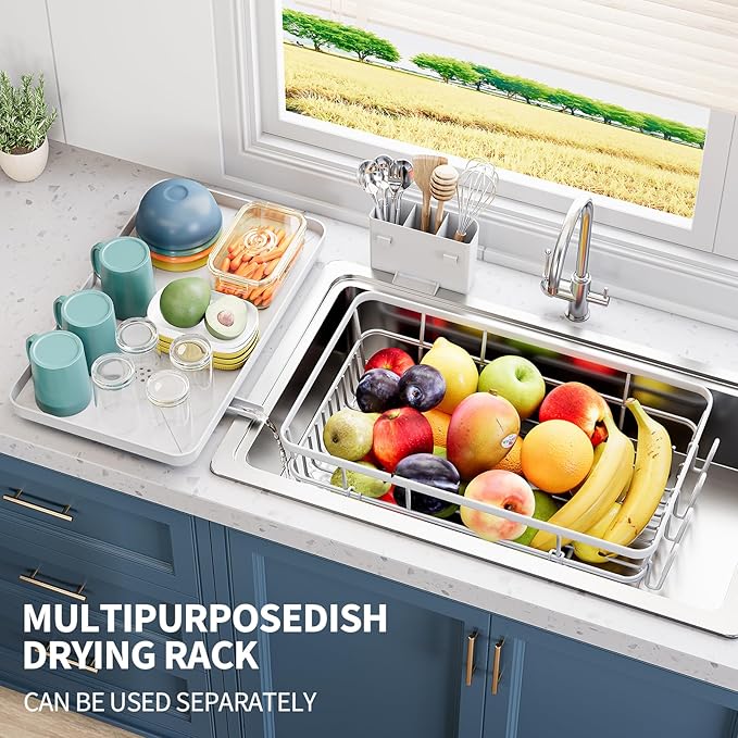 Dish Drying Rack for Kitchen Counter, Large Dish Racks with Drainboard, Kitchen Sink Dish Strainer Rack, Countertop Dish Drainer Rack with Cup & Utensil Holders, Dish Dryer Rack Large Sizw White