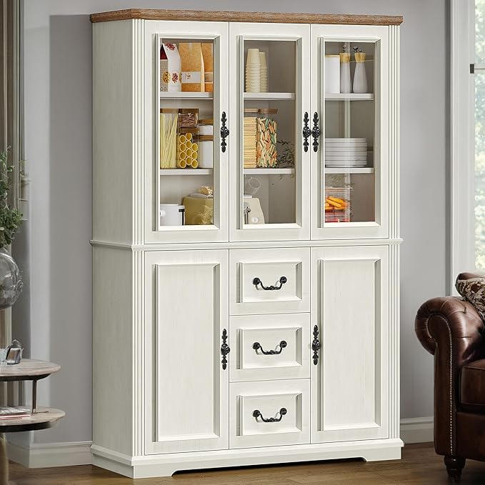 YITAHOME 71" H x 47" W Kitchen Pantry with 3 Drawers, Large Storage Cabinet with 3 Glass Doors & Adjustable Shelves, Freestanding Tall Display China Cabinet for Living & Dining Room, White