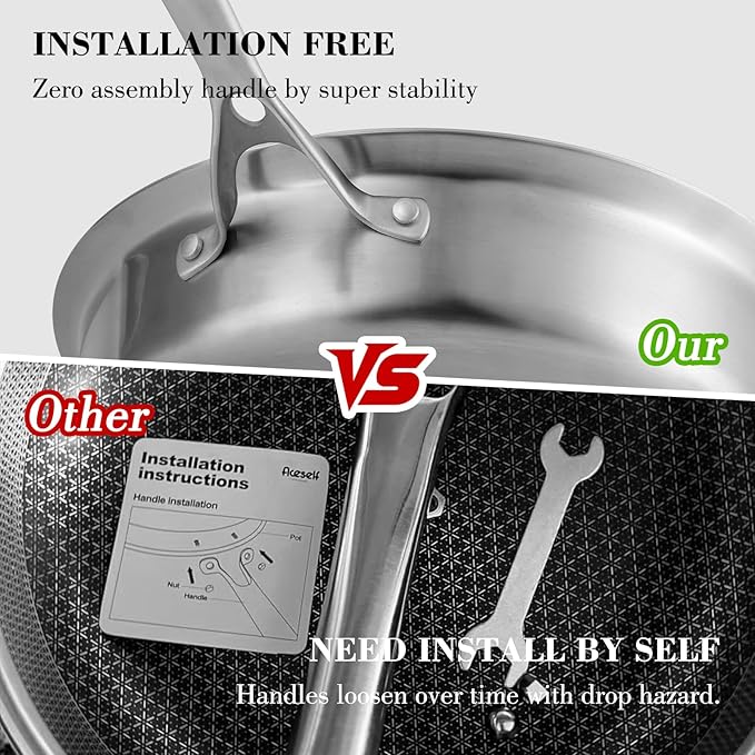 12 Inch Frying Pan with Lid, Tri-ply Stainless Steel Saute Pan, Non Stick Pans, Non Toxic Frying Pan, 5.2 QT Deep Skillet PTFE&PFOA Free, Induction, Oven & Dishwasher Safe