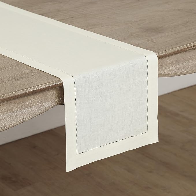 Solino Home Linen Ivory Table Runner 72 Inches Long - 100% Pure Linen Hemstitch Table Runner 14 x 72 Inch for Dresser, Dining, Summer, Fall, Autumn, Halloween - Classic Hemstitch