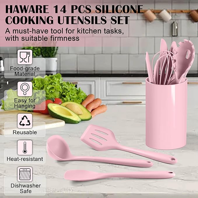 HaWare Kitchen Utensils, 14 PCS Silicone Cooking Utensils Set, Heat Resistant Kitchen Utensils for Non-stick Cookware, Kitchen Gadgets Tools with Spoons, Spatulas, Whisk, Dishwasher Safe (Pink)