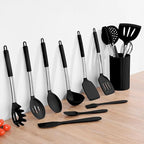 Kitchen Utensils Set, 15 Pcs Silicone Cooking Utensils Set with Holder and Heat Resistant Stainless Steel Handle for Nonstick Cookware - Black