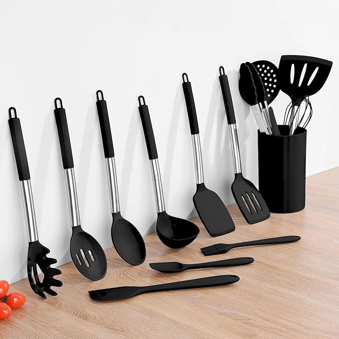 Kitchen Utensils Set, 15 Pcs Silicone Cooking Utensils Set with Holder and Heat Resistant Stainless Steel Handle for Nonstick Cookware - Black