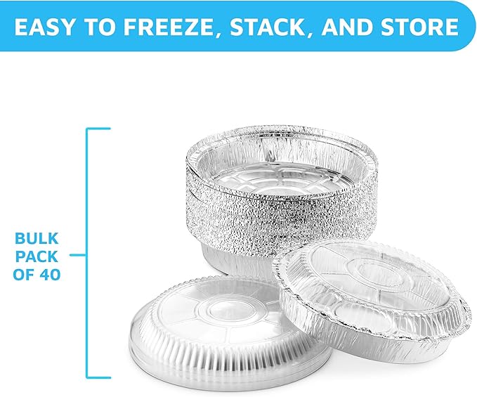 MontoPack 9” Round Aluminum Foil Pans with Clear Lids | Disposable Containers with Straight Walls for Storing, Baking, Meal Prep & Reheating | Freezer & Oven Safe, Recyclable | 40 Pack of Tins