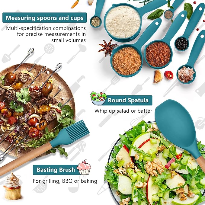 HaWare Kitchen Cooking Utensils Set, 23-Piece Silicone Kitchen Utensils Spatula Set with Holder, Heat Resistant Wooden Handle Kitchen Gadget for Nonstick Cookware, Food-grade Turner Spoon Sets (Blue)