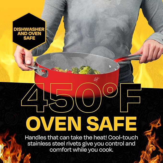 Guy Fieri's Flavortown 15-Piece Ceramic Cookware Set, Nonstick Pots and Pans for Cooking, Easy-Clean Kitchen Cookware, Made without PFAS PTFE PFOA, Induction Compatible, Oven & Dishwasher Safe, Red