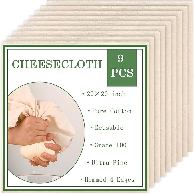 WMKGG Cheese Cloth, 9 PCS,20x20 Inch, Precut Cheesecloth for Straining, Hemmed 4 Edges, Grade 100, Reusable Unbleached Fine Mesh Cotton for Cooking, Juicing, Cheese Making, Baking, Yogurt