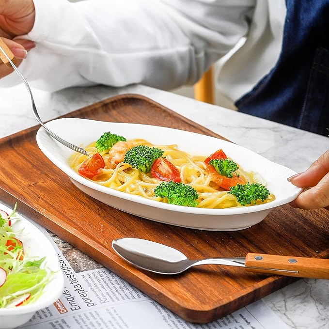 NJCharms Oval Au Gratin Baking Dishes for Oven Safe and Microwave Cooking, White Porcelain Small Mini Casserole Dish, 9 Inch, Set of 6