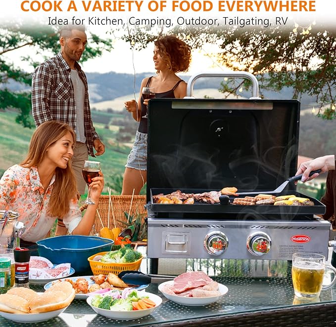 Hisencn Portable Griddle for Outdoor, Tabletop, Countertop, Kitchen, Tailgating, RV - Nonstick Camping Griddle 369 sq. in. 24000 BTUs Griddle for Gas Grill, 22 Inch with Hood, with Carry Bag