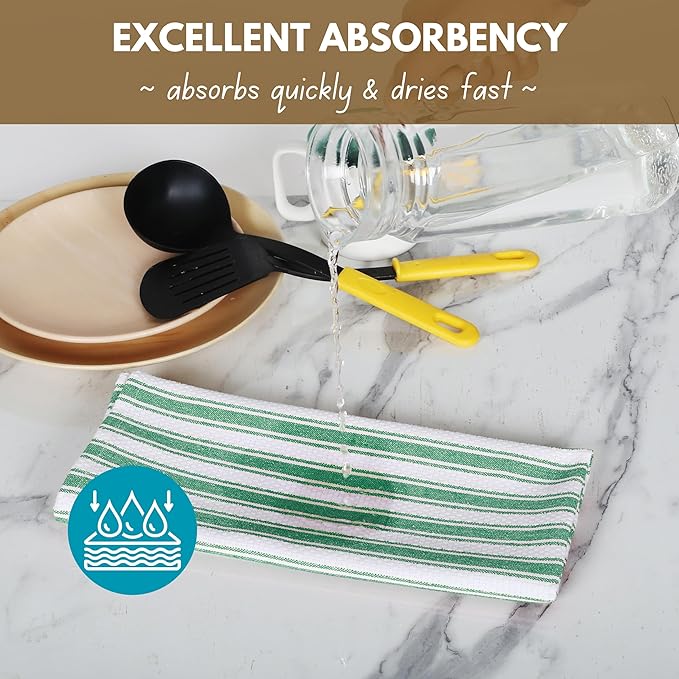 Native Fab Cotton Kitchen Towels - 16x26 inches - Set of 12 - Basket Weave Stripe Dish Towels for Cleaning, Drying Dishes, Absorbent Dish Cloths Set with Hanging Loop - Royal Green