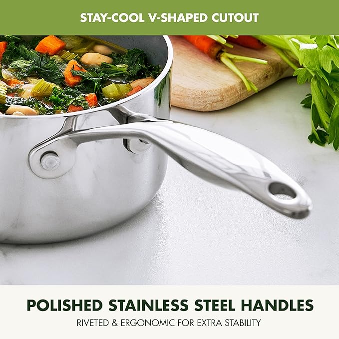 GreenPan Valencia Pro Tri-Ply Stainless Steel 1.5QT Saucepan with Lid, Ceramic Nonstick PFAS-Free, Multi Clad Cookware, Induction, Dishwasher Oven and Broiler Safe