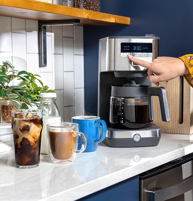 GE Drip Coffee Maker With Timer | 12-Cup Glass Carafe Coffee Pot With Adjustable Keep Warm Plate | Wide Shower Head for Maximum Flavor | Kitchen Essentials | Stainless Steel