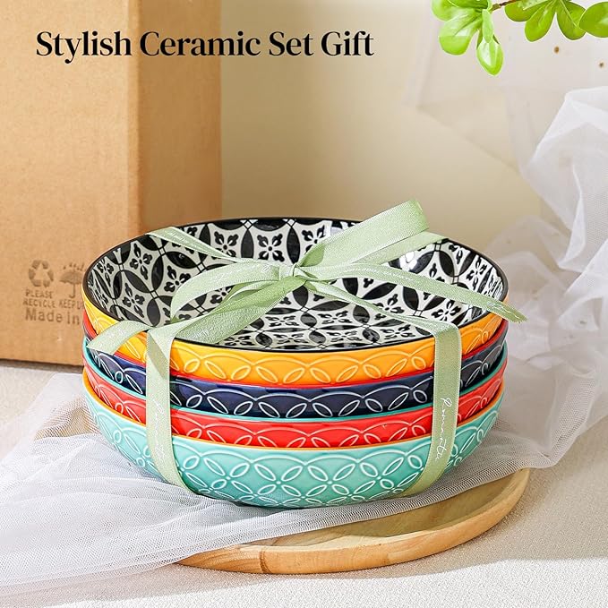 DOWAN 8.5" Vibrant Pasta, Salad & Soup Serving Bowls Set of 4, Embossed Large Porcelain Ceramic, Microwave, Oven & Dishwasher Safe, Bonita Design Perfect for Daily Dining, Family Gatherings, Party