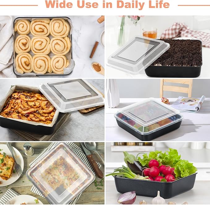 TeamFar Square Baking Pan, 8Inch Cake Tin with Lid with Stainless Steel Core & Nonstick Coating, for Baking Roasting Serving, Non-toxic, Easy to Release & Clean- (1 Pan + 1 Lid)