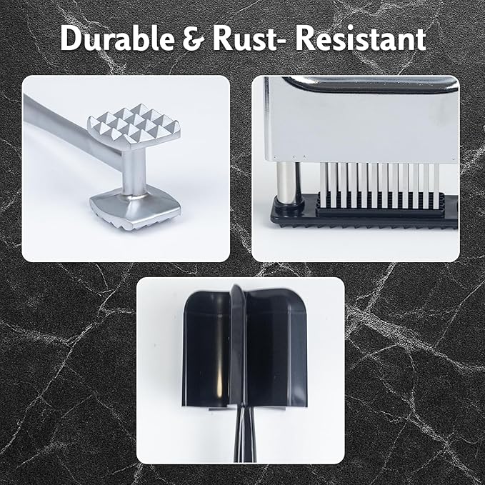 4-Piece Meat Tenderizer Tool – Includes Textured Meat Tenderizer Hammer, Stainless Steel Needle Tenderizer, ABS Mixing Stick & Cleaning Brush – 4-Piece Duty Kitchen Accessories for Steak & Chicken