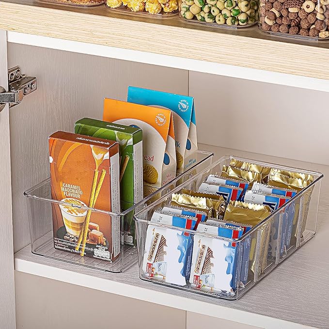 Vtopmart 8 Pack Food Storage Organizer Bins, Clear Plastic Bins for Pantry, Kitchen, Fridge, Cabinet Organization and Storage, 4 Compartment Holder for Packets, Snacks, Pouches, Spice Packets