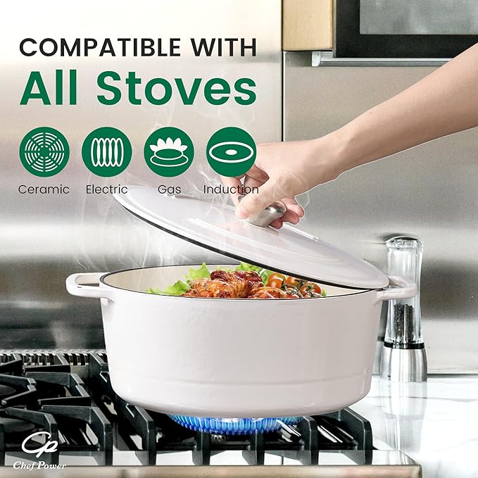 Chef Power Dutch Oven Pot with Lid 6QT, Enameled Cast Iron Dutch Oven for Bread Baking, Braising, Stews, Roasting, Oven Safe Dutch Ovens, Cream White