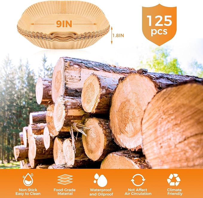 Vailnd Air Fryer Disposable Paper Liners 9inch Square, 125PCS Non-Stick Food Grade Air Fryer Parchment Paper, Oil Resistant & Waterproof Baking Liner for 8-12 QT Air Fryer Oven