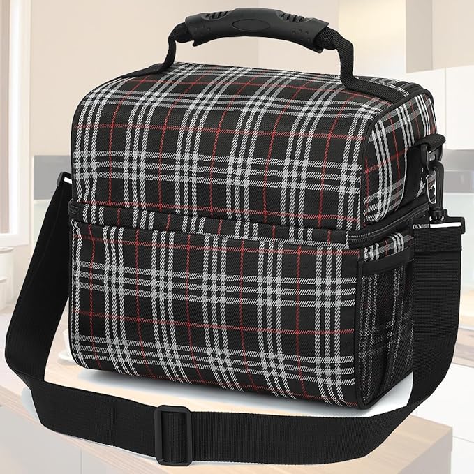 FlowFly Double Layer Cooler Insulated Lunch Bag Adult Lunch Box Large Tote Bag for Men, Women, With Adjustable Strap,Front Pocket and Dual Large Mesh Side Pockets