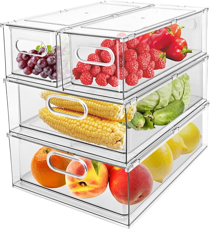 4 Pack Refrigerator Organizer Bins with Pull-out Drawer Stackable Clear Fridge Drawer Organizer Fruit Vegetable Storage Containers for Kitchen Pantry Organization (2 Large+2 Small)