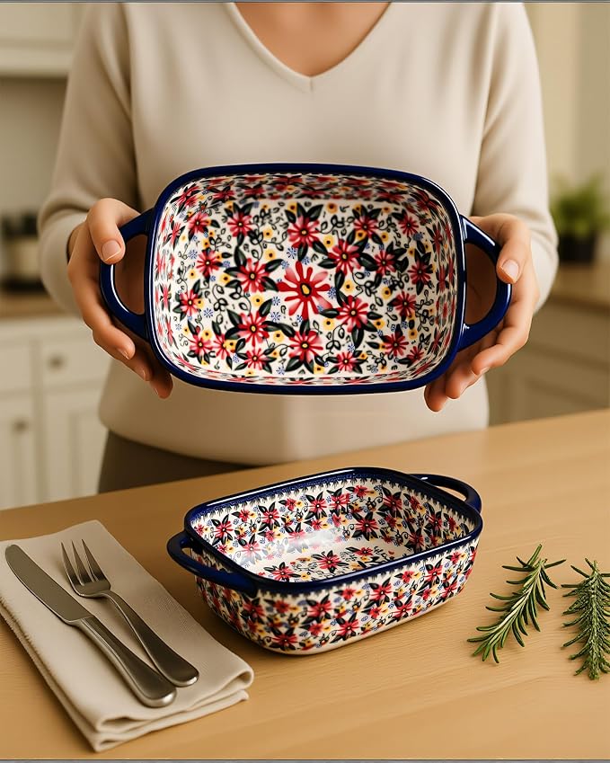 Ceramic Baking Dish Set of 2 – Decorative Polish Pottery Style Casserole Dishes with Handles, Cute Oven-Safe Lasagna Bakeware Gift Set