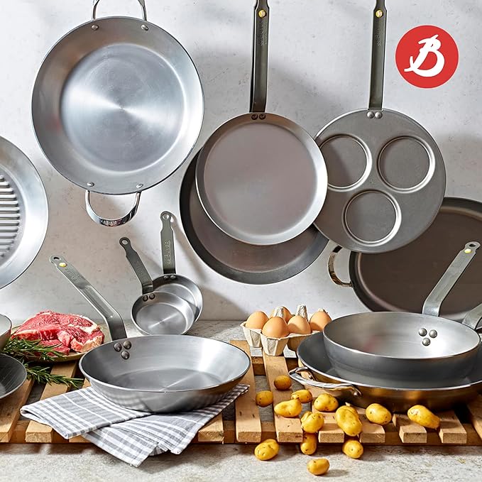 De Buyer MINERAL B Carbon Steel Crepe & Tortilla Pan - 9.5” Diameter, 8.3” Cooking Surface - Ideal for Making & Reheating Crepes, Tortillas & Pancakes - PFAS, PFOA & PFOS Free - Made in France