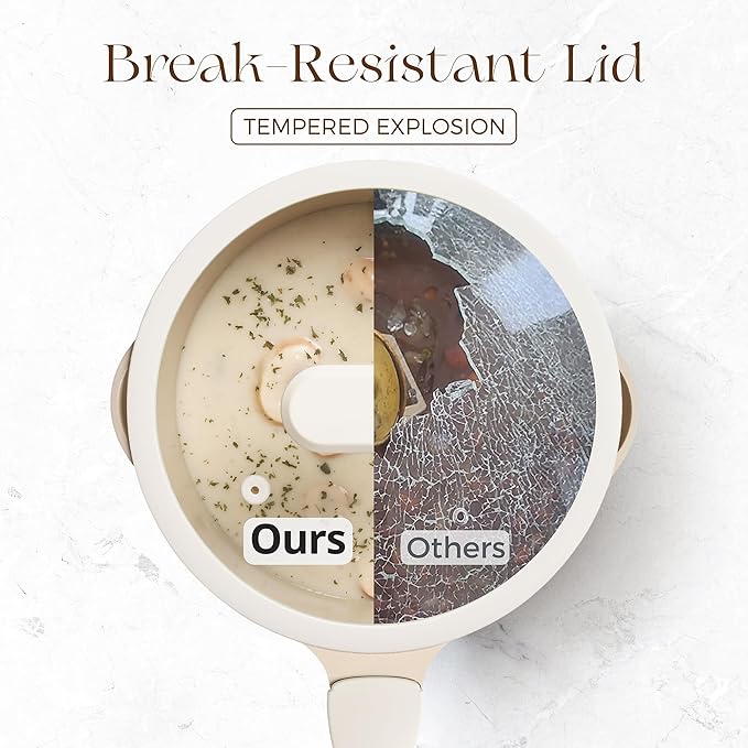 PRICUSIS Ceramic Nonstick Saucepan with Lid, 2.7 Quart Non Toxic Pot with Pour Spouts, Full Coated, 100% Dishwasher Safe, Induction Compatible & Oven Safe, PTFE PFAS & PFOA Free, Coconut White