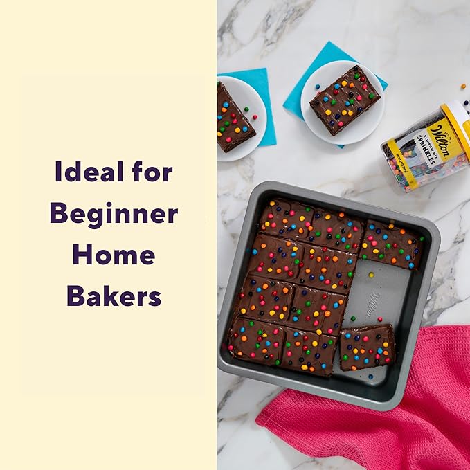 Wilton Silver Non Stick Square Cake Pan, Perfect for Brownies, Sheet Cake, Made without PFAS, Durable Steel, Even Heating, 8 x 8 in, Packaging May Vary