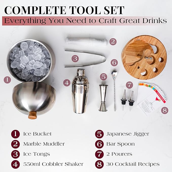 Gusto Nostro Cocktail Set Bartender Kit with Stainless Steel Ice Bucket - Complete Mixology Bar Tool Set with Wooden Organizer, Cocktail Shaker, Jigger, Muddler, Spoon, Tongs, Pourers, Recipe Cards