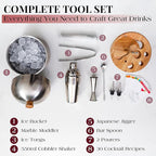 Gusto Nostro Cocktail Set Bartender Kit with Stainless Steel Ice Bucket - Complete Mixology Bar Tool Set with Wooden Organizer, Cocktail Shaker, Jigger, Muddler, Spoon, Tongs, Pourers, Recipe Cards